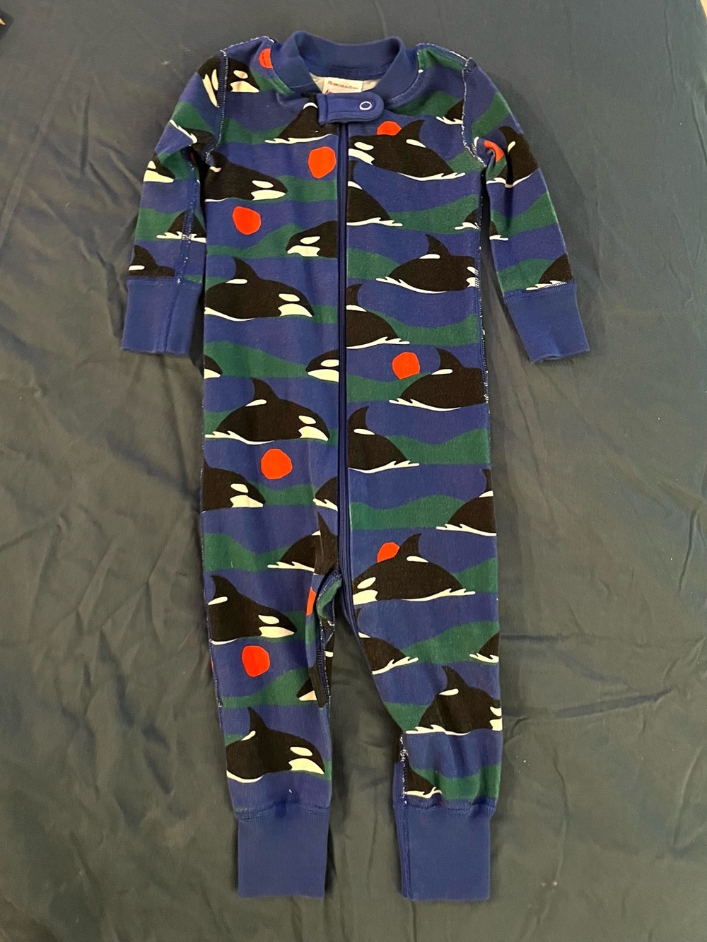 Hanna Andersson Baby Pajama Romper Navy Orca Whale Print Zip One-Piece 6-12 Mon